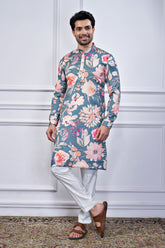 Grey Silk Floral Printed Kurta Pajama